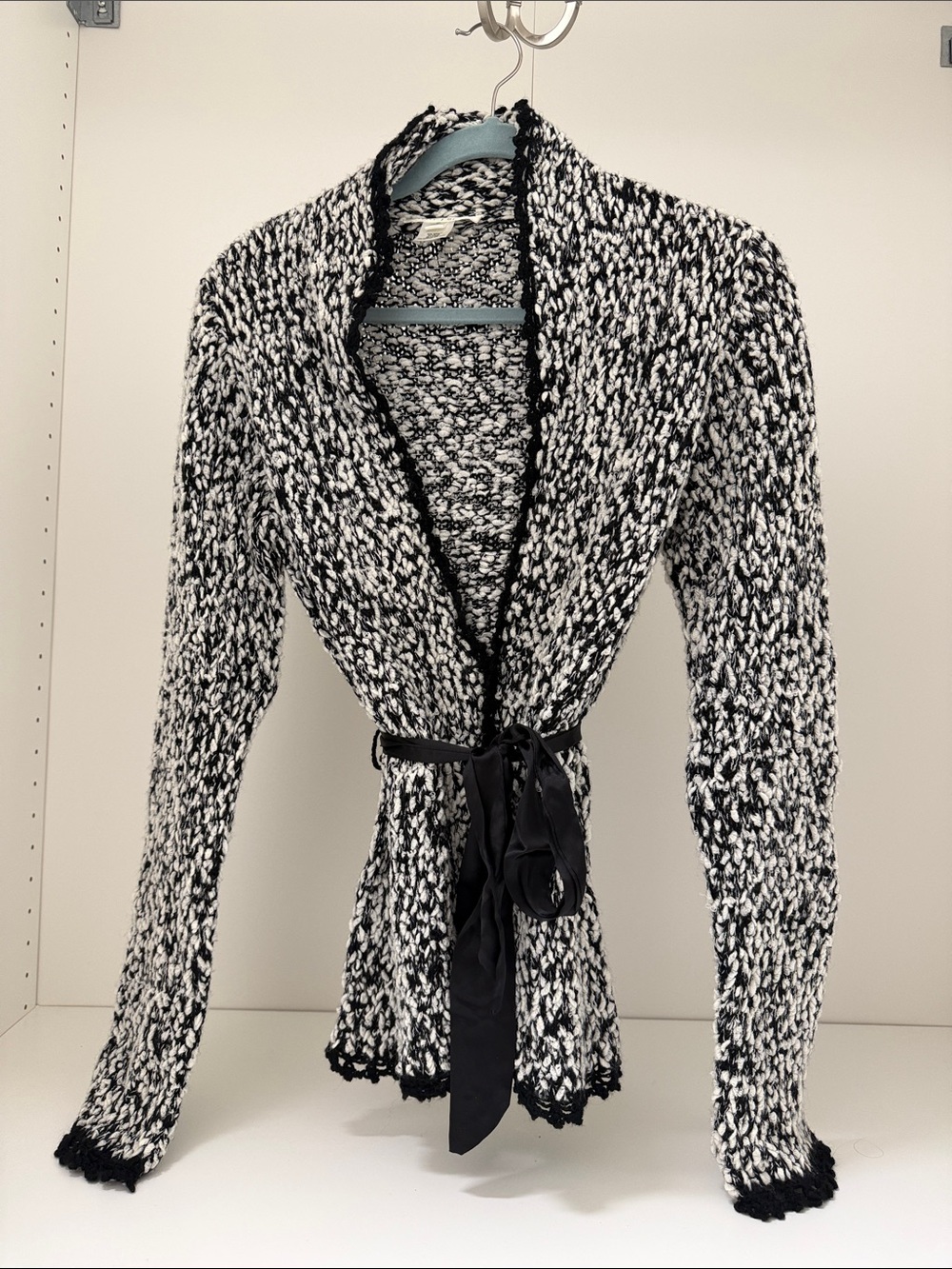 White House Black Market Black & White Marled Tie-Belt Cardigan